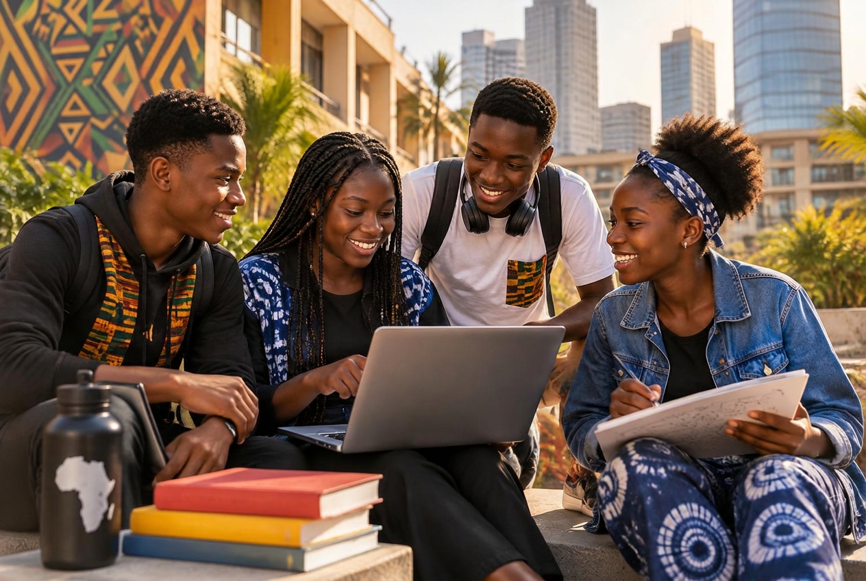 Young people of African heritage collaborating in a modern city, wearing contemporary clothes with traditional patterns