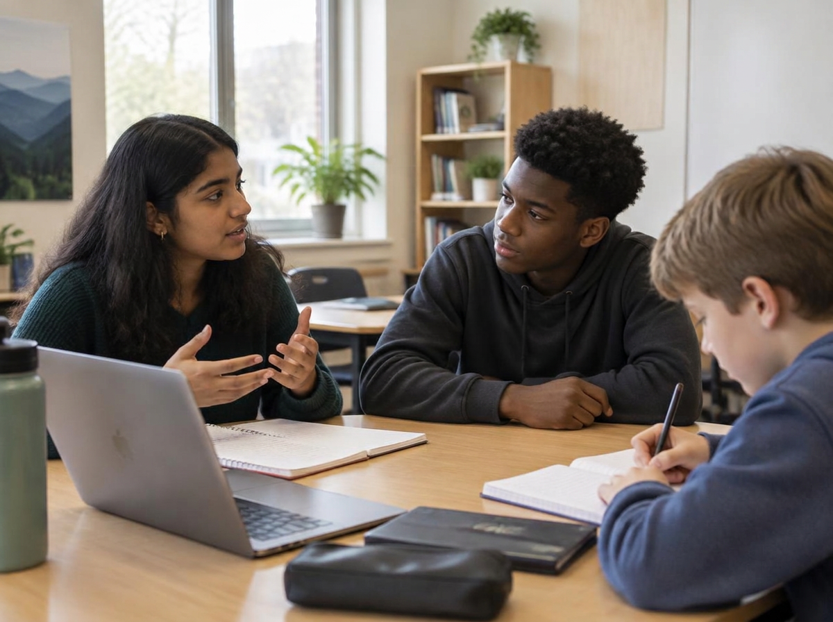 Students of different ages discussing ideas around a classroom table