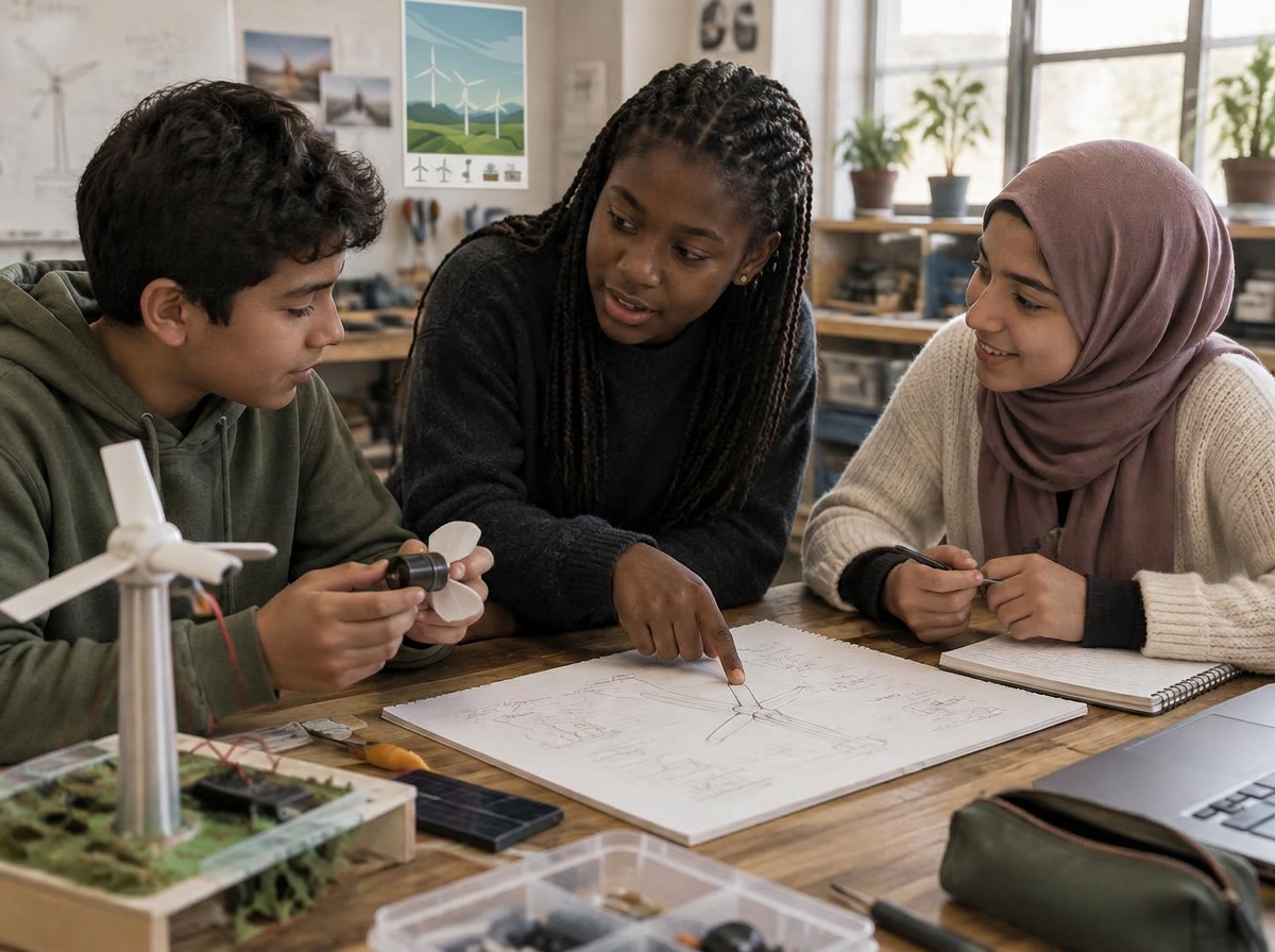 Children collaborating on a wind-turbine science project
