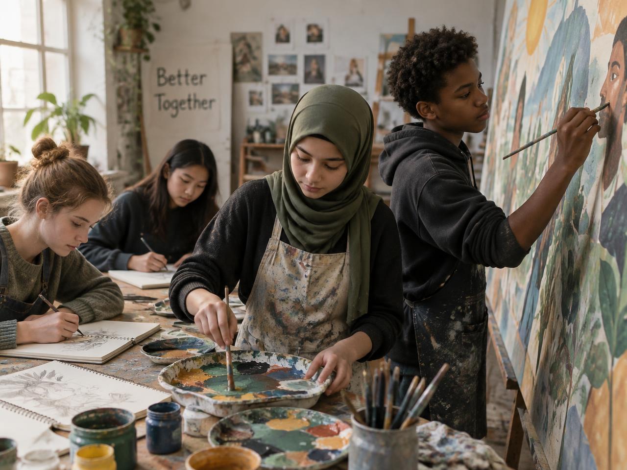 Children painting a large mural together in an art studio