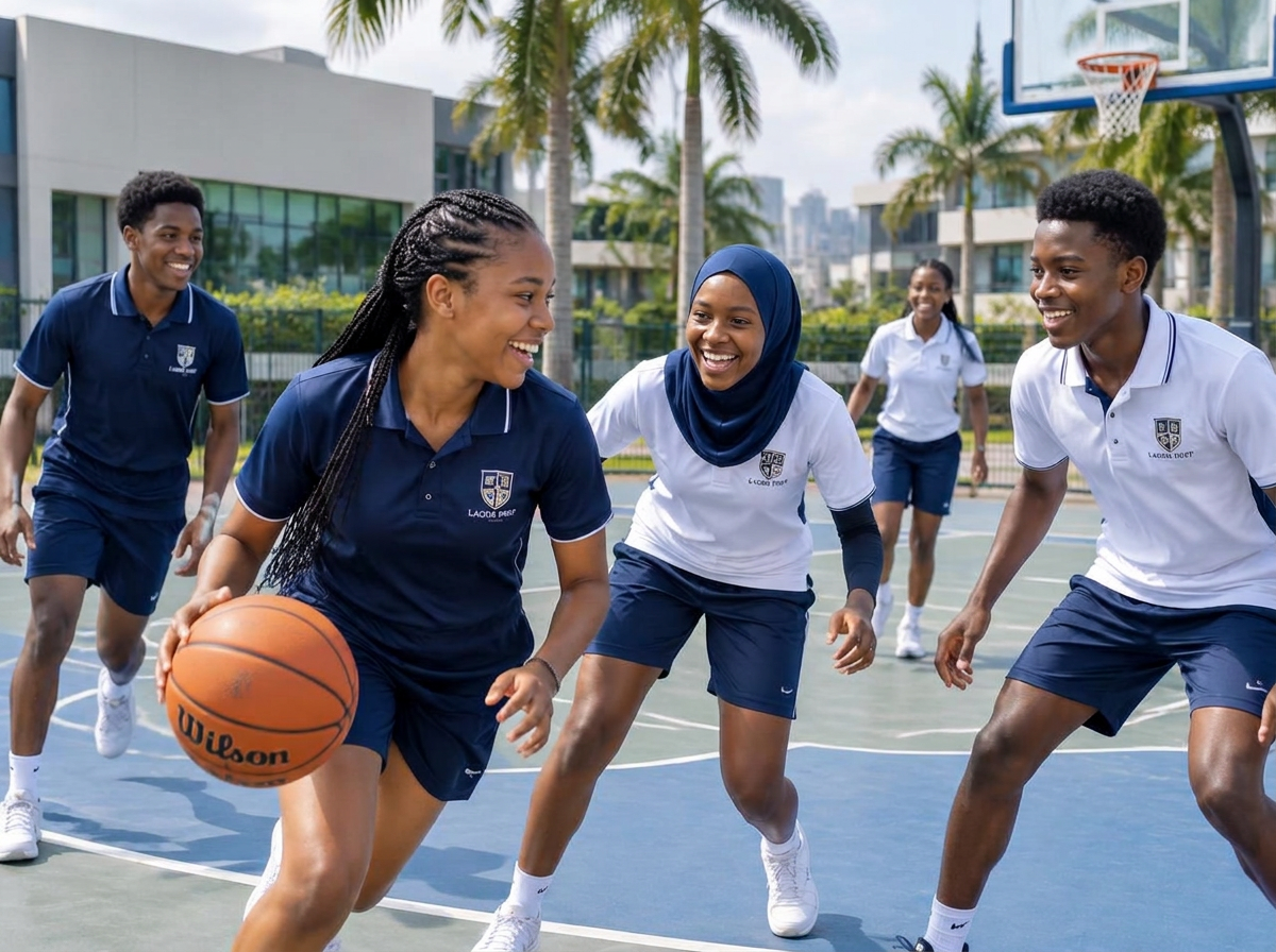 Teenagers in navy-and-white school sportswear playing basketball on the outdoor court of a smart school in Lagos, Nigeria