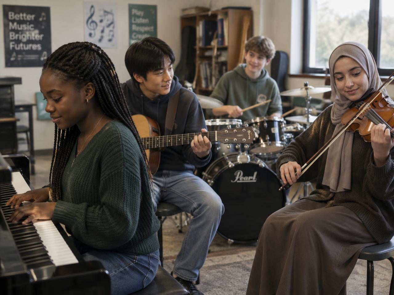 Teenagers playing piano, guitar, drums and violin together