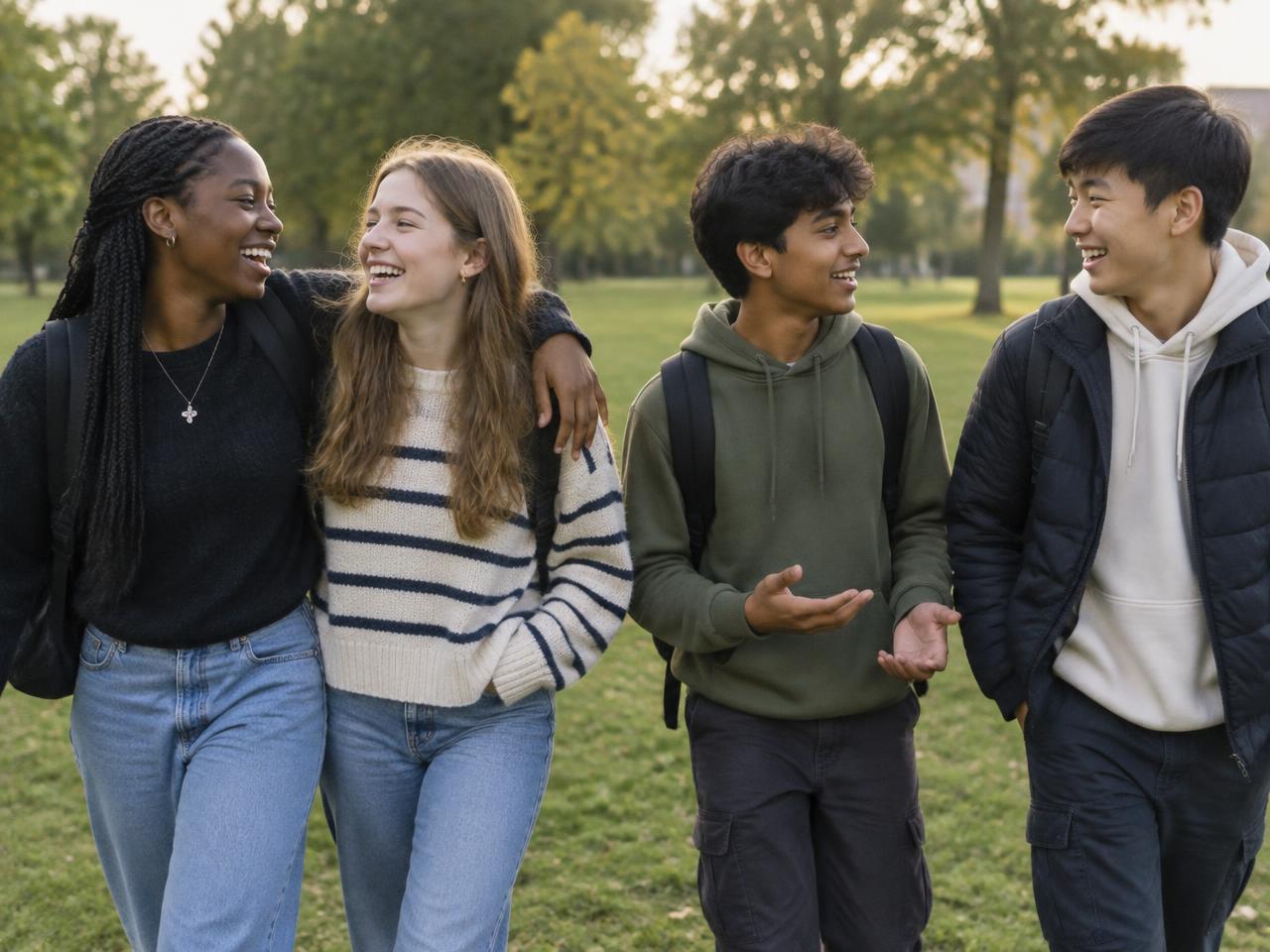 Friends walking and laughing together in a park