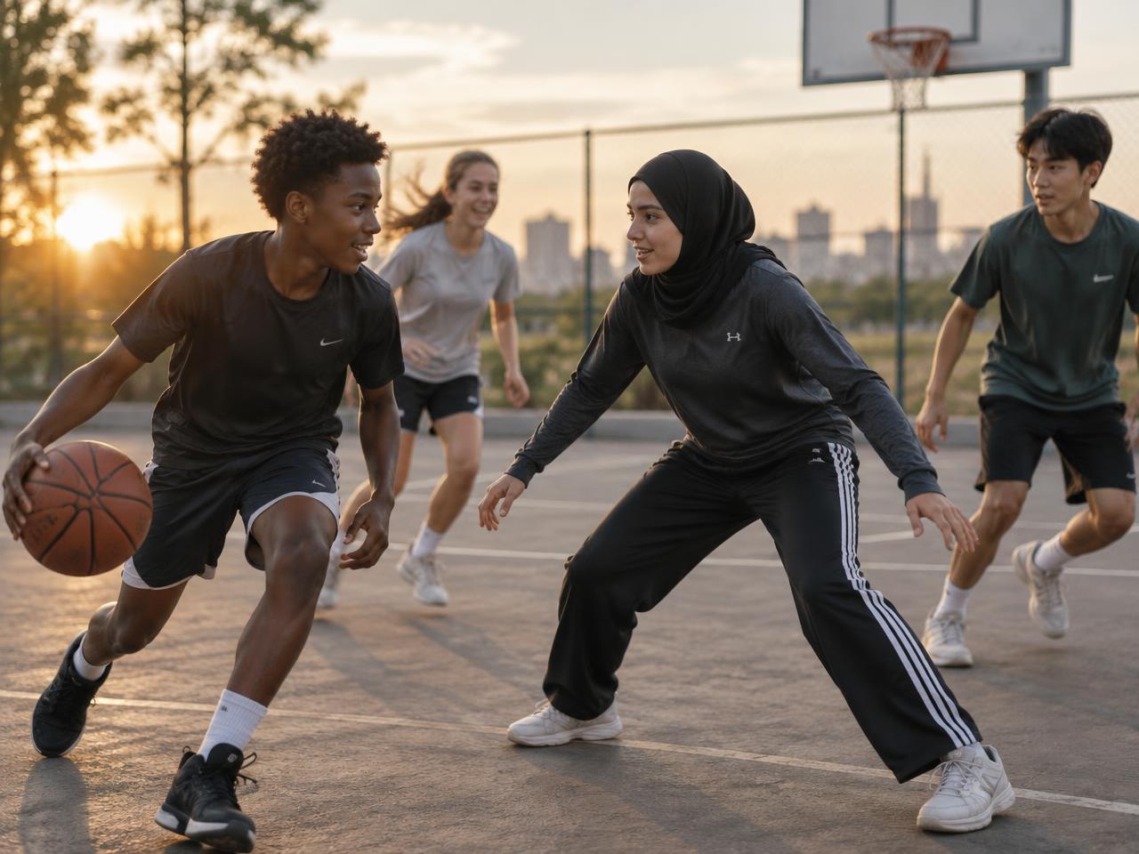 Teenagers, including a girl in a hijab and long sportswear, playing basketball together